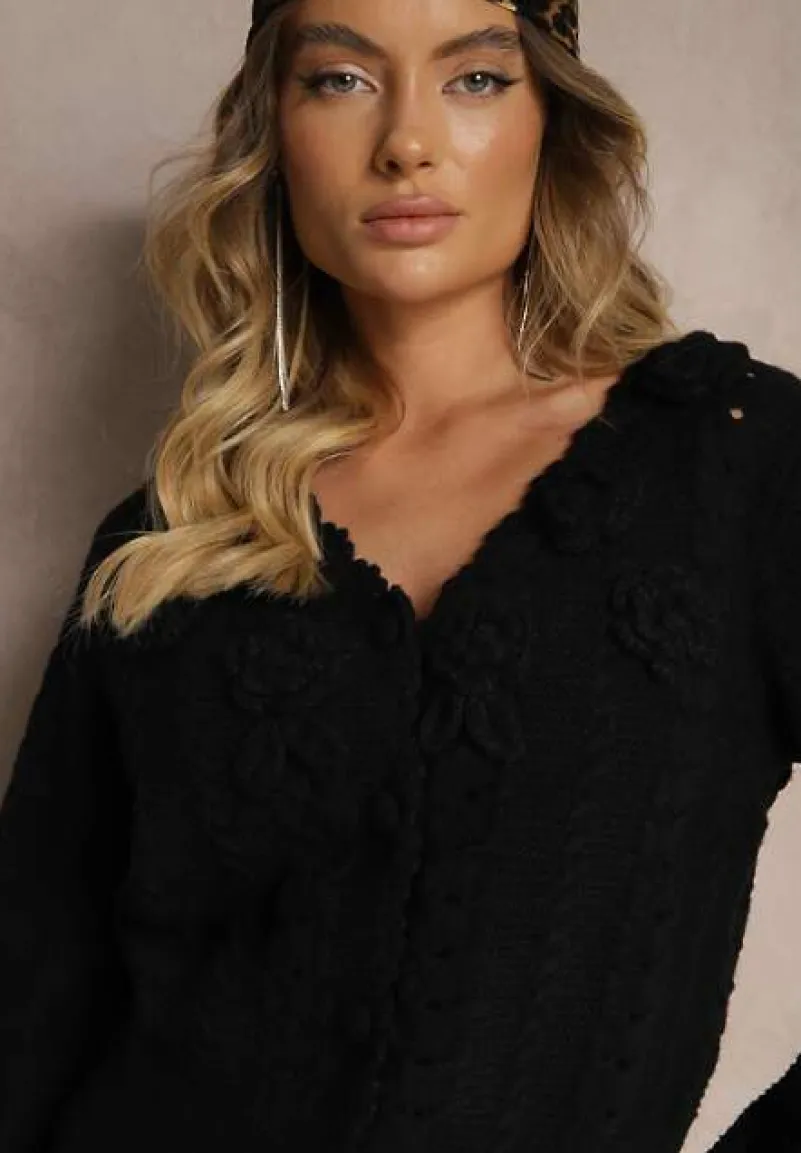 Czarny Kardigan z Domieszką Wełny z Aplikacjami w Kształcie Kwiatów Vaimina