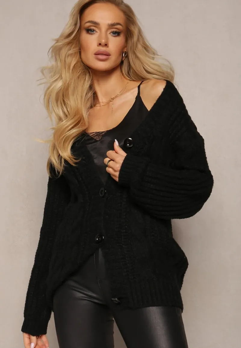 Czarny Kardigan z Długim Rękawem i Splotem w Warkocze Zapinany na Guziki Relipma