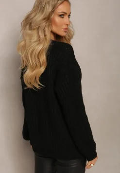 Czarny Kardigan z Długim Rękawem i Splotem w Warkocze Zapinany na Guziki Relipma
