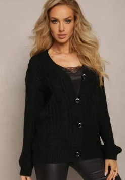 Czarny Kardigan z Długim Rękawem i Splotem w Warkocze Zapinany na Guziki Relipma