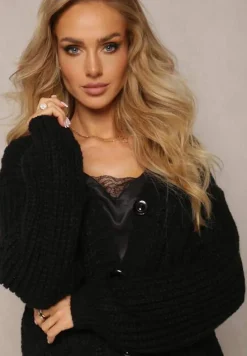 Czarny Kardigan z Długim Rękawem i Splotem w Warkocze Zapinany na Guziki Relipma