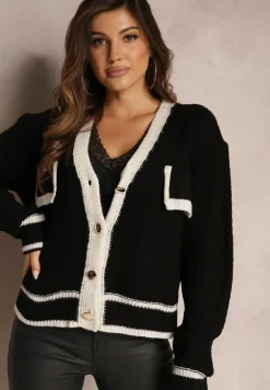 Czarny Kardigan z Dzianiny z Ozdobną Lamówką i Guzikami Amesta