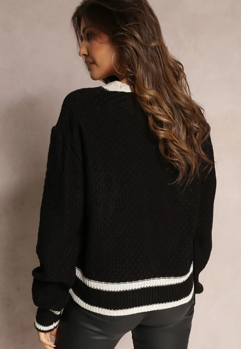 Czarny Kardigan z Dzianiny z Ozdobną Lamówką i Guzikami Amesta