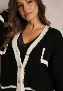 Czarny Kardigan z Dzianiny z Ozdobną Lamówką i Guzikami Amesta