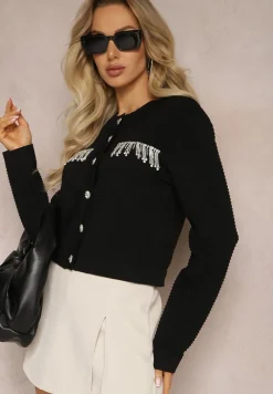 Czarny Kardigan z Frędzlami Ozdobionymi Cyrkoniami i Guzikami w Kształcie Kwiatków Alinessa