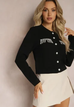 Czarny Kardigan z Frędzlami Ozdobionymi Cyrkoniami i Guzikami w Kształcie Kwiatków Alinessa
