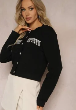 Czarny Kardigan z Frędzlami Ozdobionymi Cyrkoniami i Guzikami w Kształcie Kwiatków Alinessa