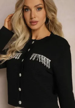 Czarny Kardigan z Frędzlami Ozdobionymi Cyrkoniami i Guzikami w Kształcie Kwiatków Alinessa