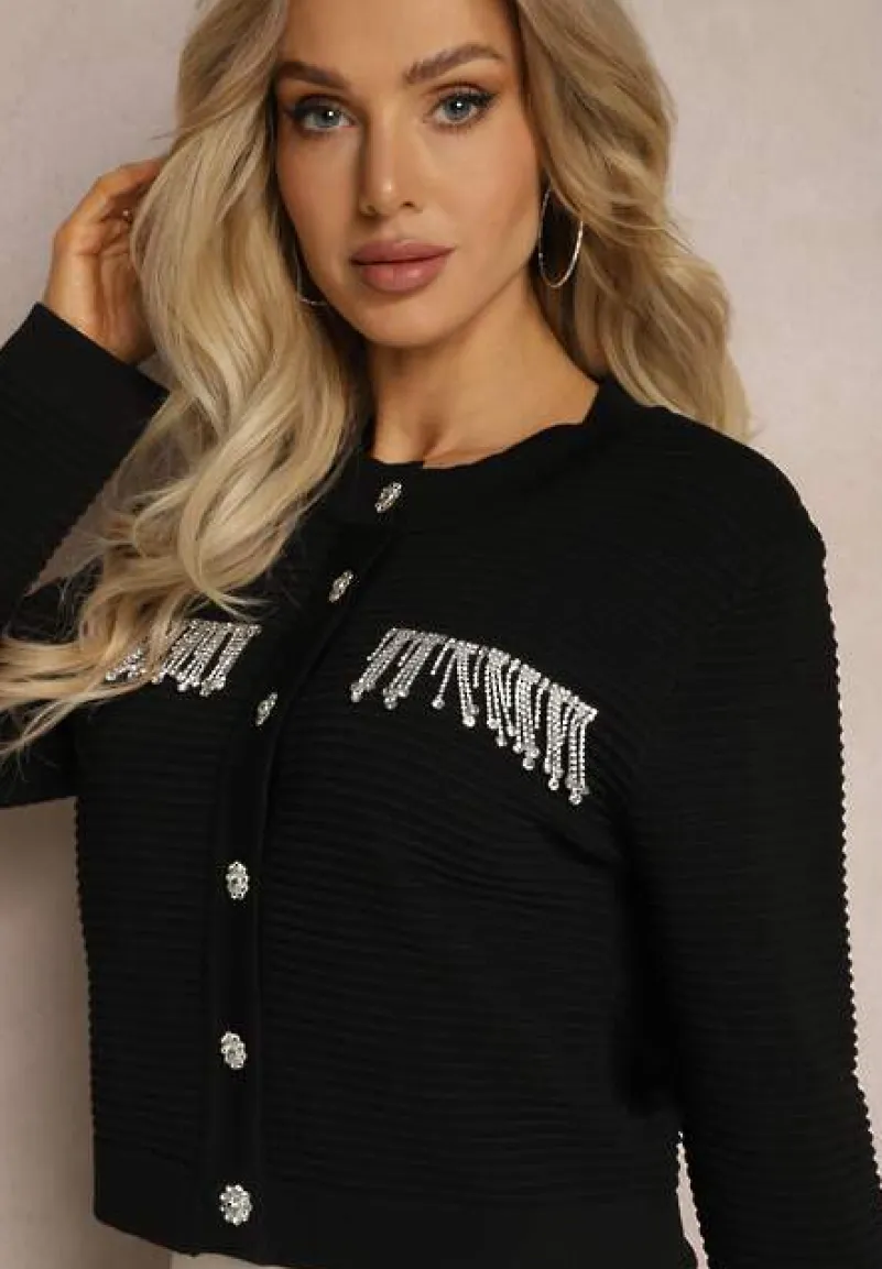Czarny Kardigan z Frędzlami Ozdobionymi Cyrkoniami i Guzikami w Kształcie Kwiatków Alinessa