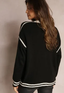 Czarny Kardigan z Metalicznymi Guzikami i Ozdobnymi Lamówkami Abovza