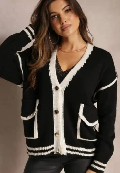Czarny Kardigan z Metalicznymi Guzikami i Ozdobnymi Lamówkami Abovza