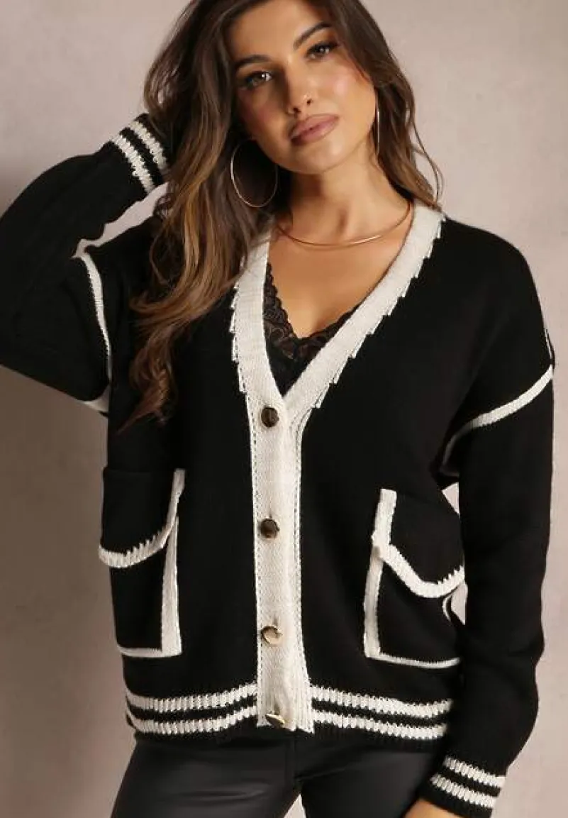 Czarny Kardigan z Metalicznymi Guzikami i Ozdobnymi Lamówkami Abovza