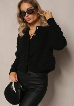 Czarny Kardigan z Miękkiej Dzianiny w Kwiaty Nufreda