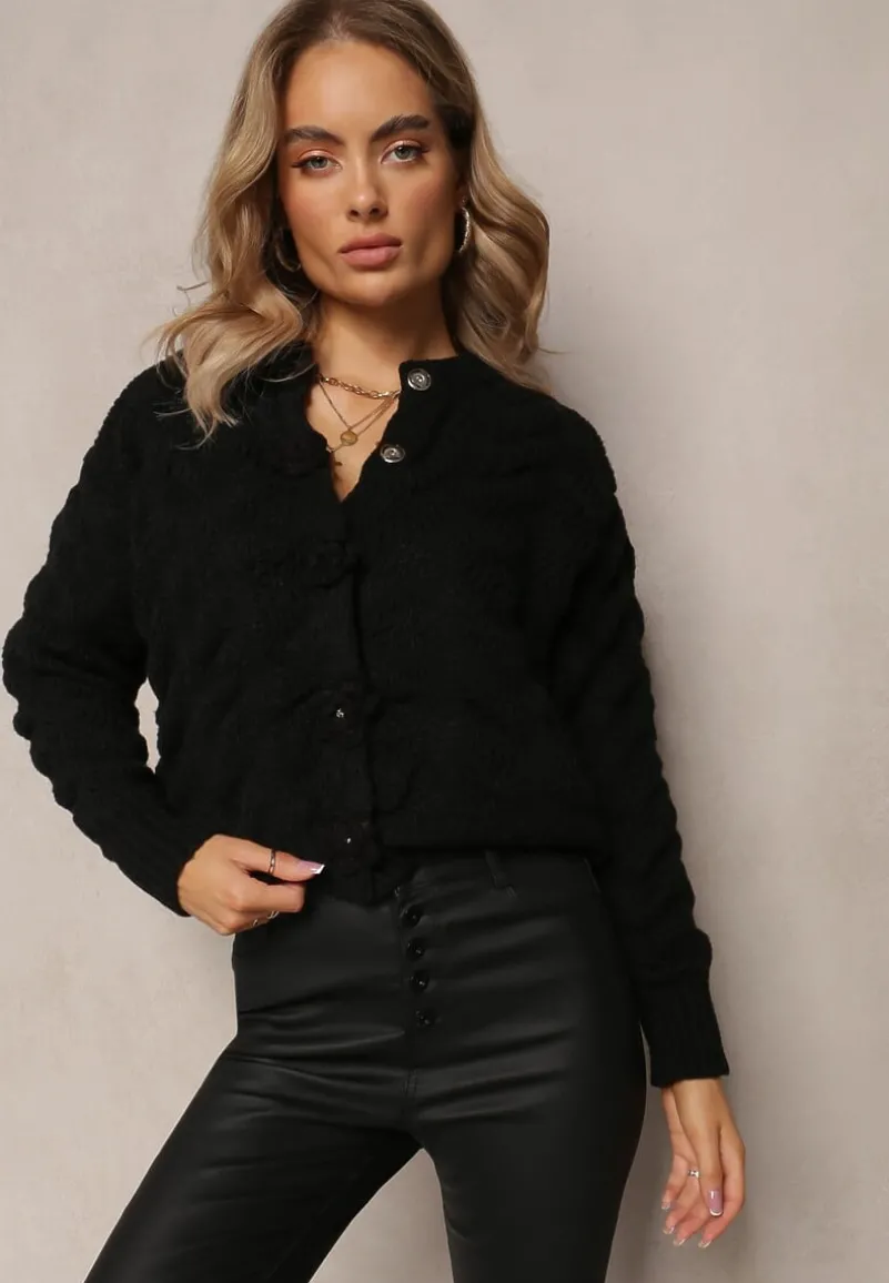 Czarny Kardigan z Miękkiej Dzianiny w Kwiaty Nufreda