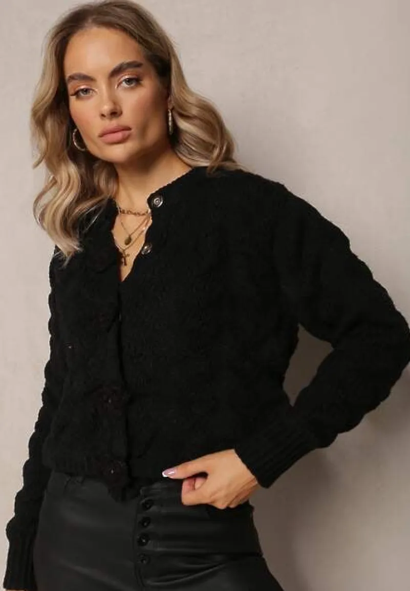 Czarny Kardigan z Miękkiej Dzianiny w Kwiaty Nufreda