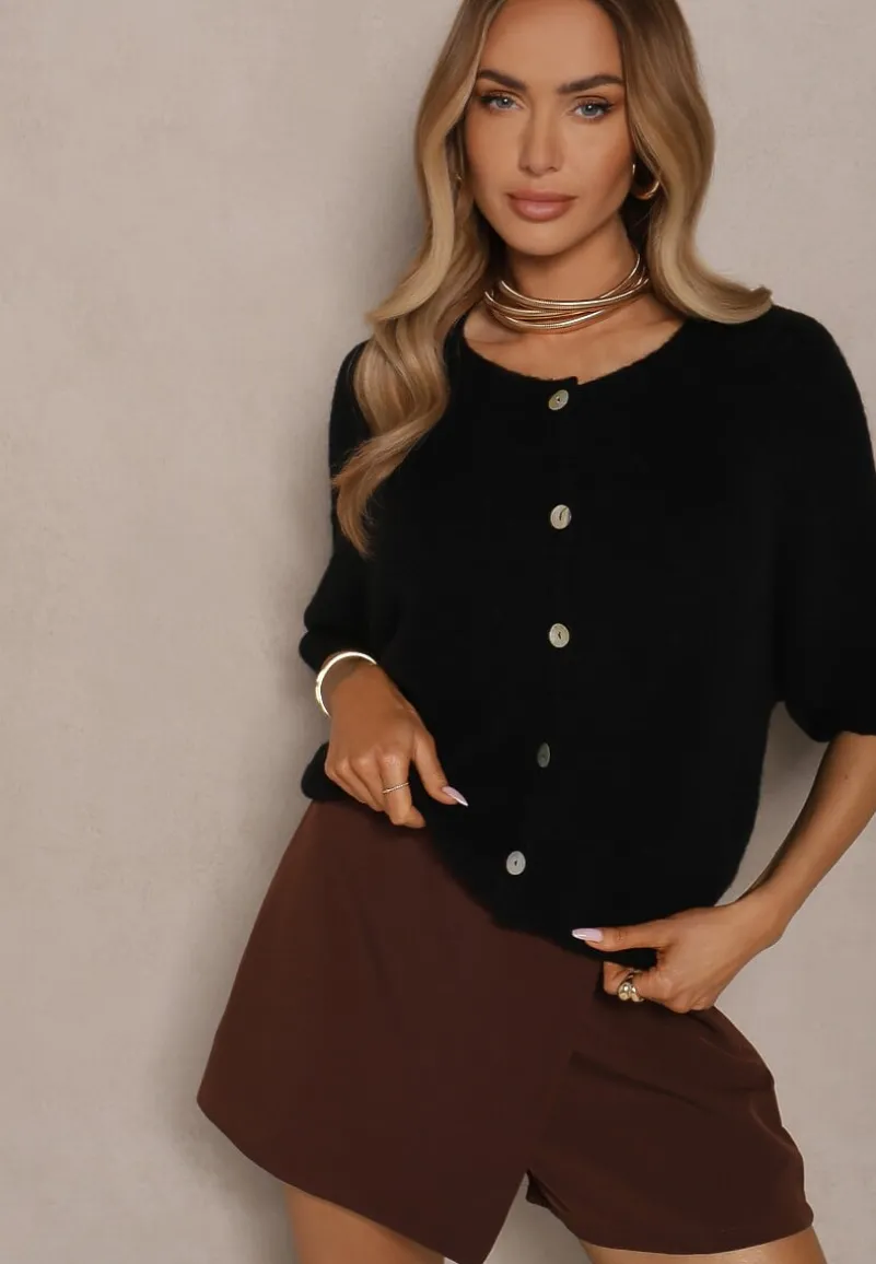 Czarny Kardigan z Rękawem 3/4 z Dodatkiem Wełny Iffarisse