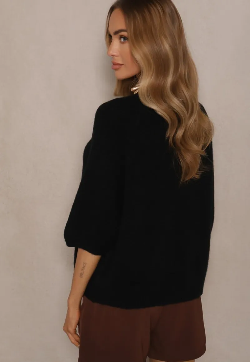 Czarny Kardigan z Rękawem 3/4 z Dodatkiem Wełny Iffarisse