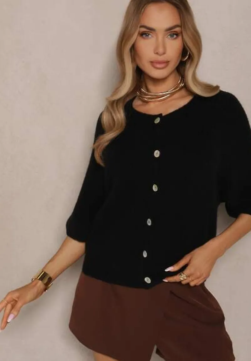 Czarny Kardigan z Rękawem 3/4 z Dodatkiem Wełny Iffarisse