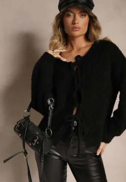 Czarny Kardigan z Wełną Bawełną i Wiskozą Ozdobiony Wiązaniem Lilassea