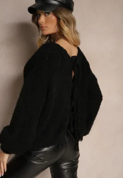 Czarny Kardigan z Wełną Bawełną i Wiskozą Ozdobiony Wiązaniem Lilassea