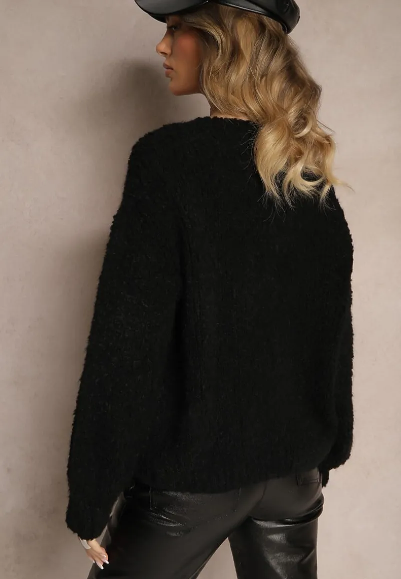 Czarny Kardigan z Wełną Bawełną i Wiskozą Ozdobiony Wiązaniem Lilassea