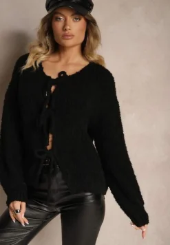 Czarny Kardigan z Wełną Bawełną i Wiskozą Ozdobiony Wiązaniem Lilassea