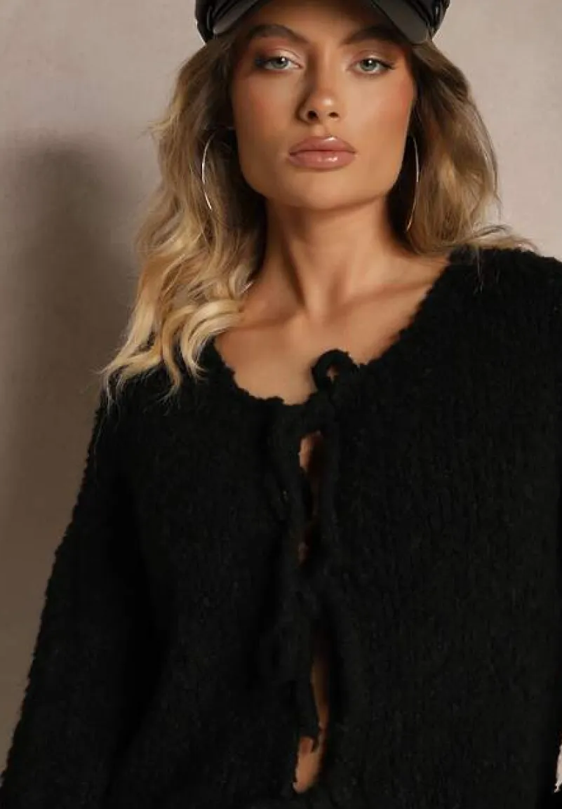 Czarny Kardigan z Wełną Bawełną i Wiskozą Ozdobiony Wiązaniem Lilassea