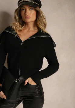 Czarny Kardigan z Wełną o Kroju z Golfem i Zapięciem na Zamek Zinfria