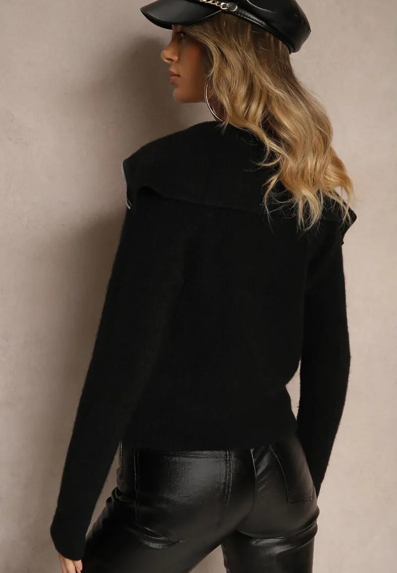 Czarny Kardigan z Wełną o Kroju z Golfem i Zapięciem na Zamek Zinfria