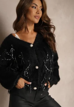 Czarny Kardigan z Wełną Ozdobiony Frędzlami na Guziki Mevyna