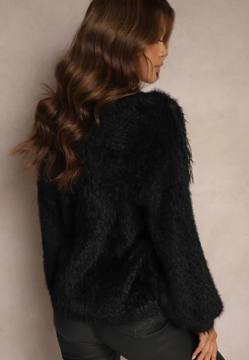 Czarny Kardigan z Wełną Ozdobiony Frędzlami na Guziki Mevyna