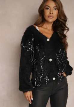Czarny Kardigan z Wełną Ozdobiony Frędzlami na Guziki Mevyna