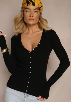 Czarny Kardigan z Wiskozą na Guziki z Prążkowanego Materiału Koriane