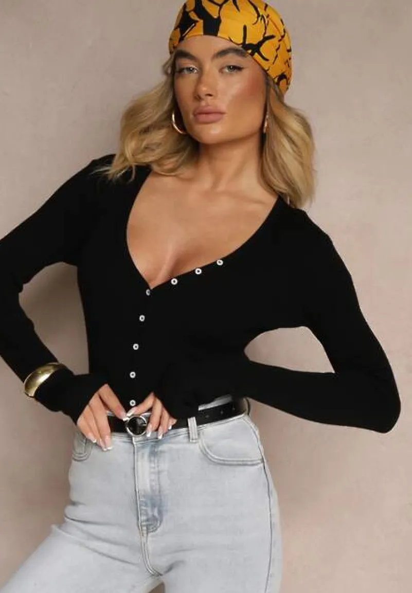 Czarny Kardigan z Wiskozą na Guziki z Prążkowanego Materiału Koriane