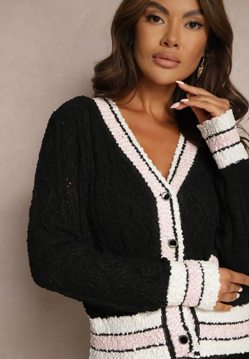 Czarny Kardigan z Wiskozą na Guziki z Paskami Liathalie