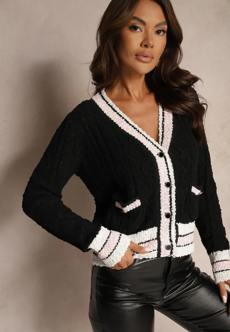 Czarny Kardigan z Wiskozą na Guziki z Paskami Liathalie