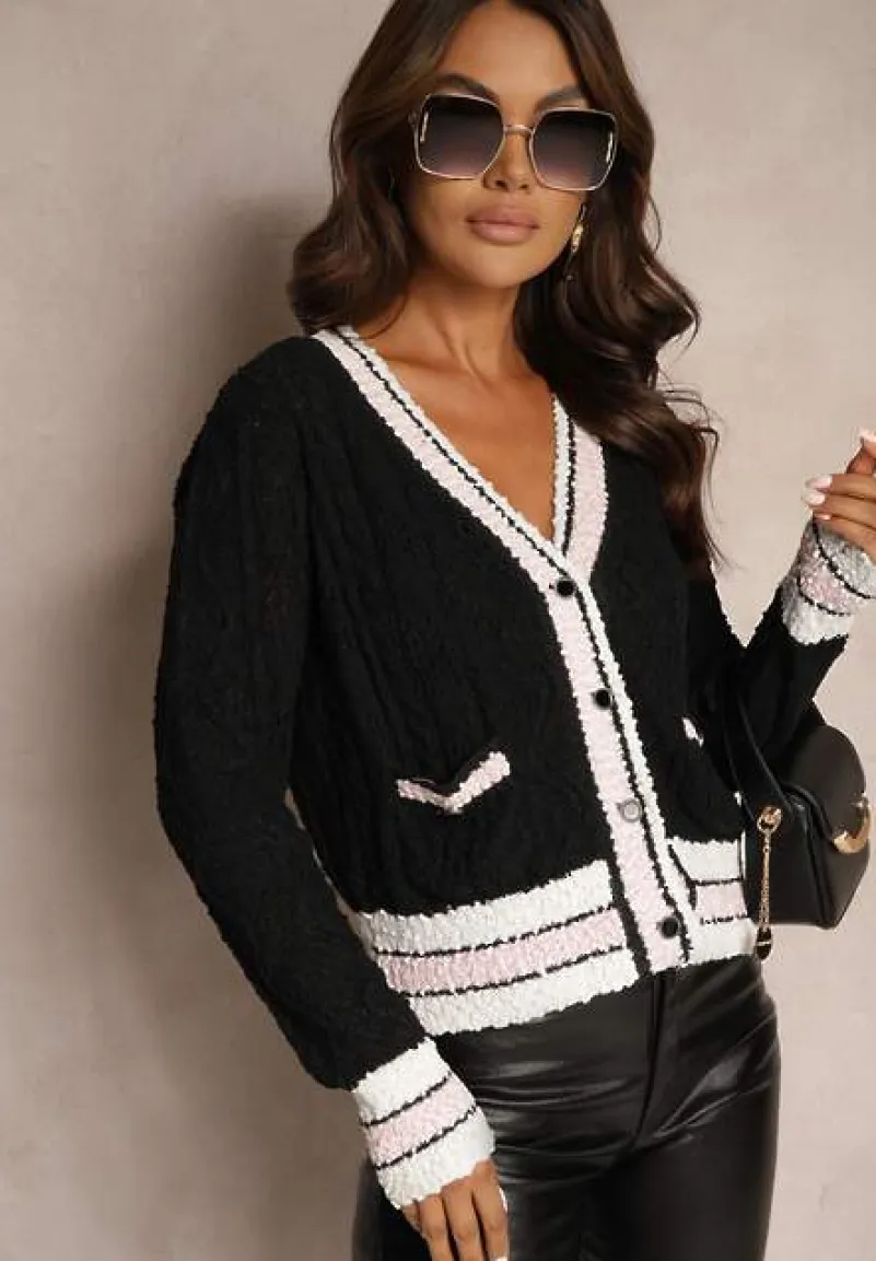 Czarny Kardigan z Wiskozą na Guziki z Paskami Liathalie