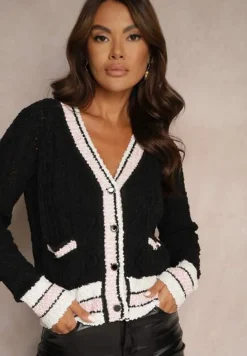 Czarny Kardigan z Wiskozą na Guziki z Paskami Liathalie