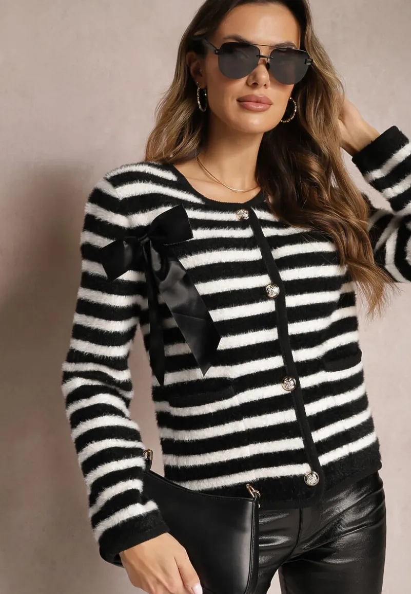 Czarny Kardigan z Wiskozowej Dzianiny w Paski z Satynową Kokardką Apiemia