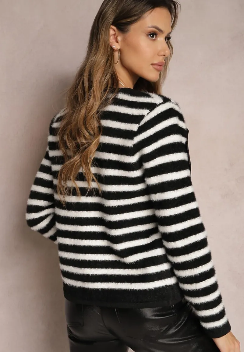 Czarny Kardigan z Wiskozowej Dzianiny w Paski z Satynową Kokardką Apiemia