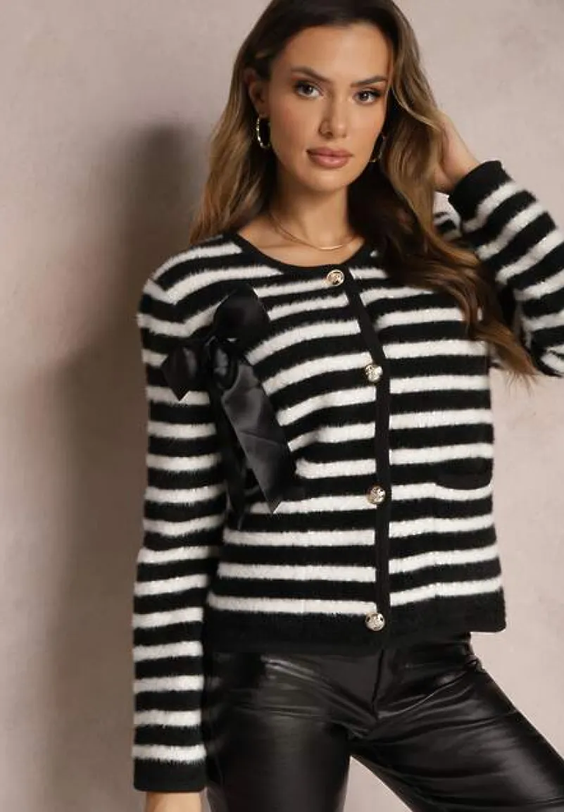 Czarny Kardigan z Wiskozowej Dzianiny w Paski z Satynową Kokardką Apiemia