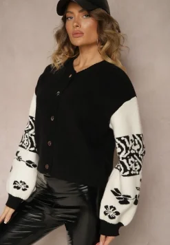 Czarny Kardigan z Wiskozy na Guziki Ozdobiony Geometrycznym Wzorem Nelaya