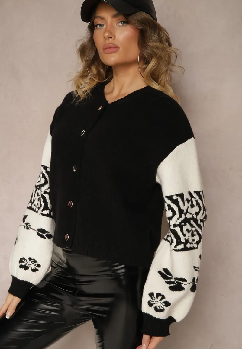 Czarny Kardigan z Wiskozy na Guziki Ozdobiony Geometrycznym Wzorem Nelaya