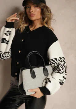 Czarny Kardigan z Wiskozy na Guziki Ozdobiony Geometrycznym Wzorem Nelaya