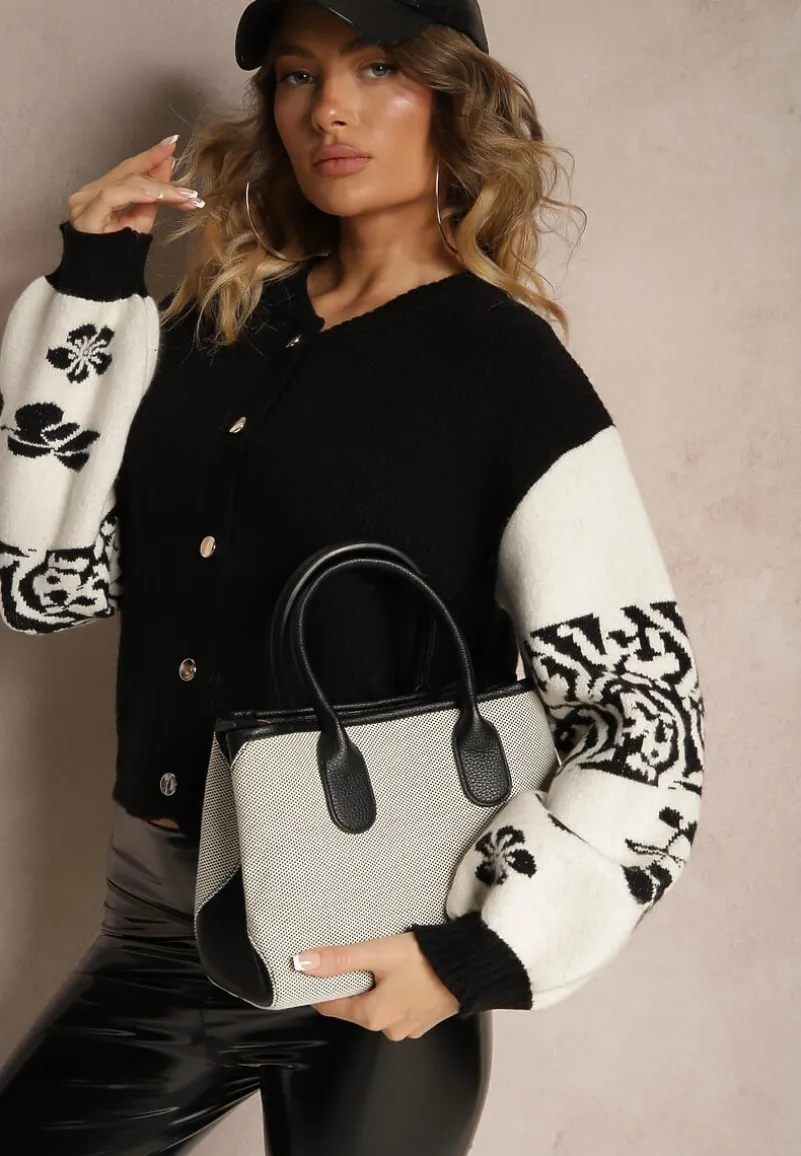 Czarny Kardigan z Wiskozy na Guziki Ozdobiony Geometrycznym Wzorem Nelaya