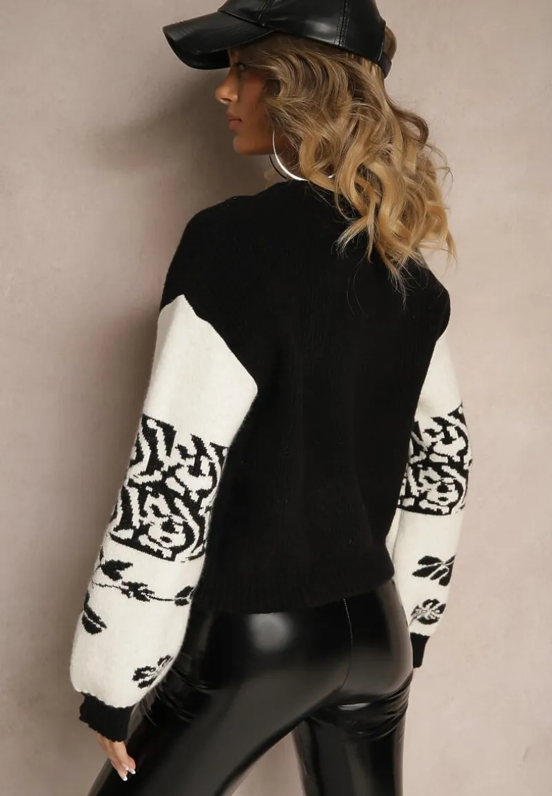 Czarny Kardigan z Wiskozy na Guziki Ozdobiony Geometrycznym Wzorem Nelaya