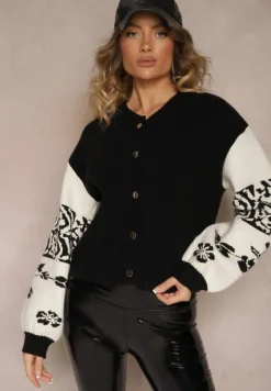 Czarny Kardigan z Wiskozy na Guziki Ozdobiony Geometrycznym Wzorem Nelaya