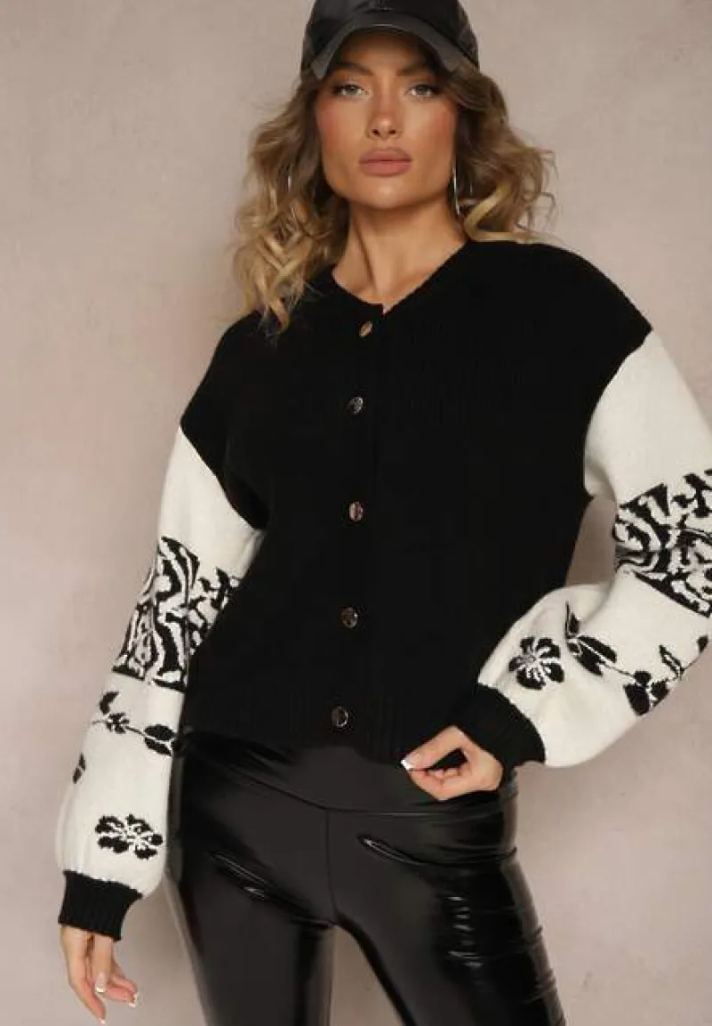 Czarny Kardigan z Wiskozy na Guziki Ozdobiony Geometrycznym Wzorem Nelaya