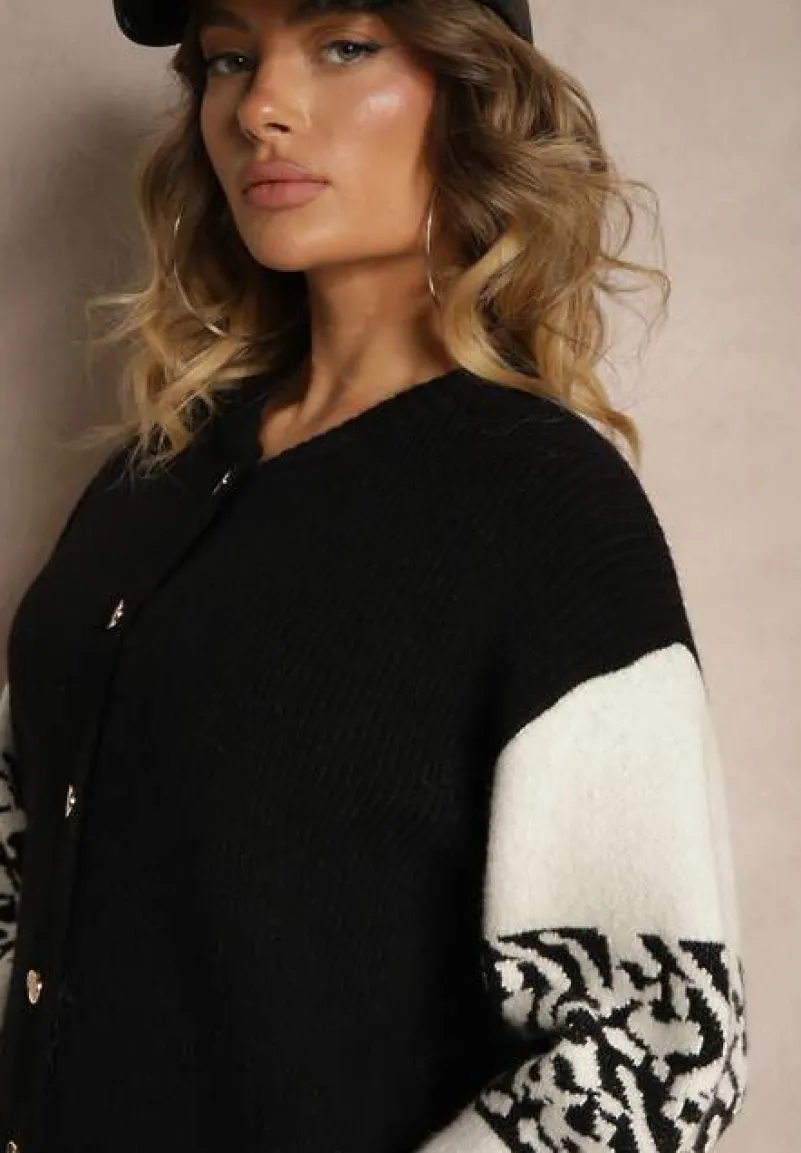 Czarny Kardigan z Wiskozy na Guziki Ozdobiony Geometrycznym Wzorem Nelaya