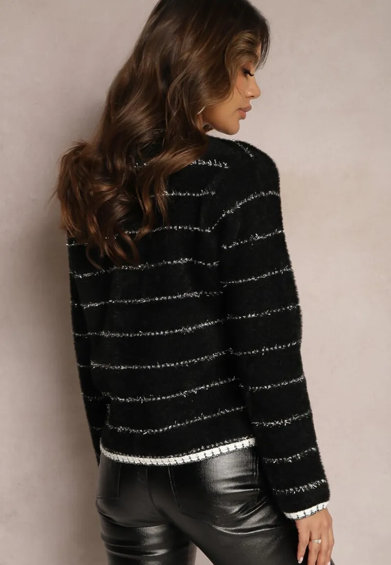 Czarny Kardigan z Wiskozy w Paski z Metaliczną Nicią i Guzikami Mebioda
